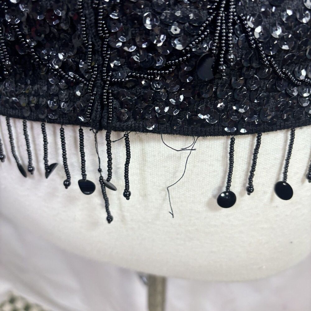 Vintage 60s Flapper Black Shiny Beaded Blouse Top Fringe Sequins Silk M Glam - Picture 8 of 16